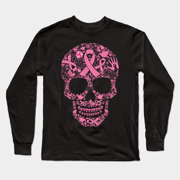 Tattoo Skull shirt Breast Cancer Awareness Long Sleeve T-Shirt by Ortizhw